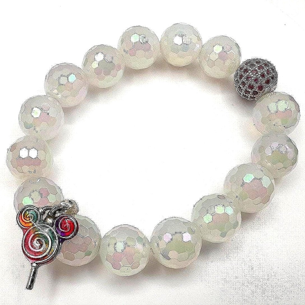 Vintage 90s Iridescent Beaded Stretch Bracelet Lollipop Charm Red‎ Rhinestone